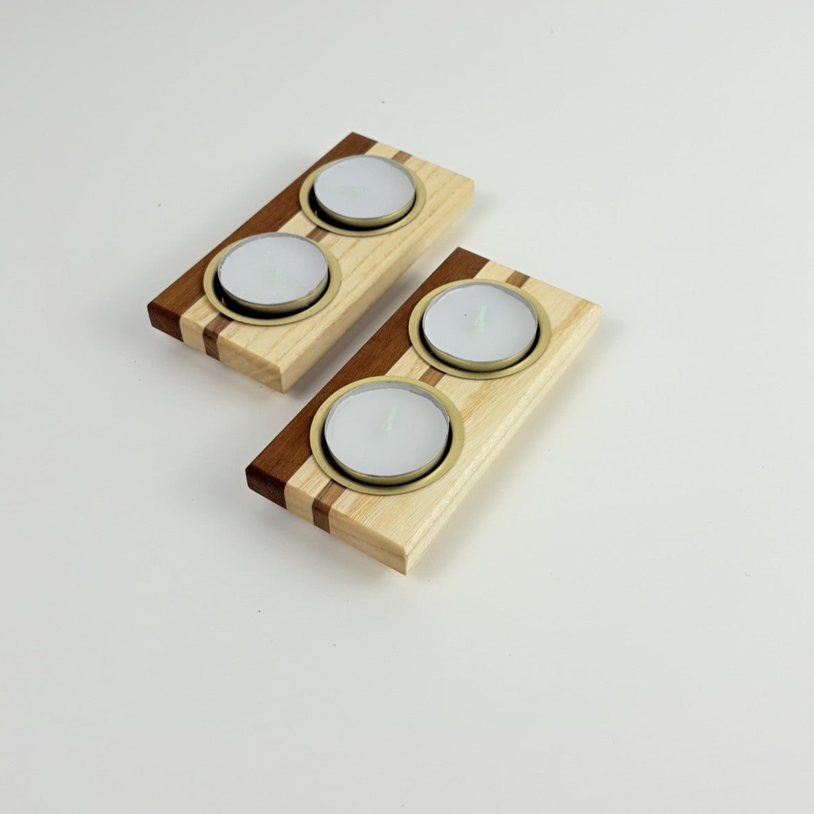 Set of 2 Solid Wood Tealight Holders | Ash, Bankirai & Brass