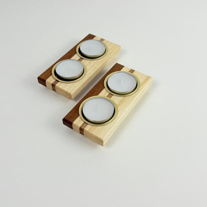 Set of 2 Solid Wood Tealight Holders | Ash, Bankirai & Brass