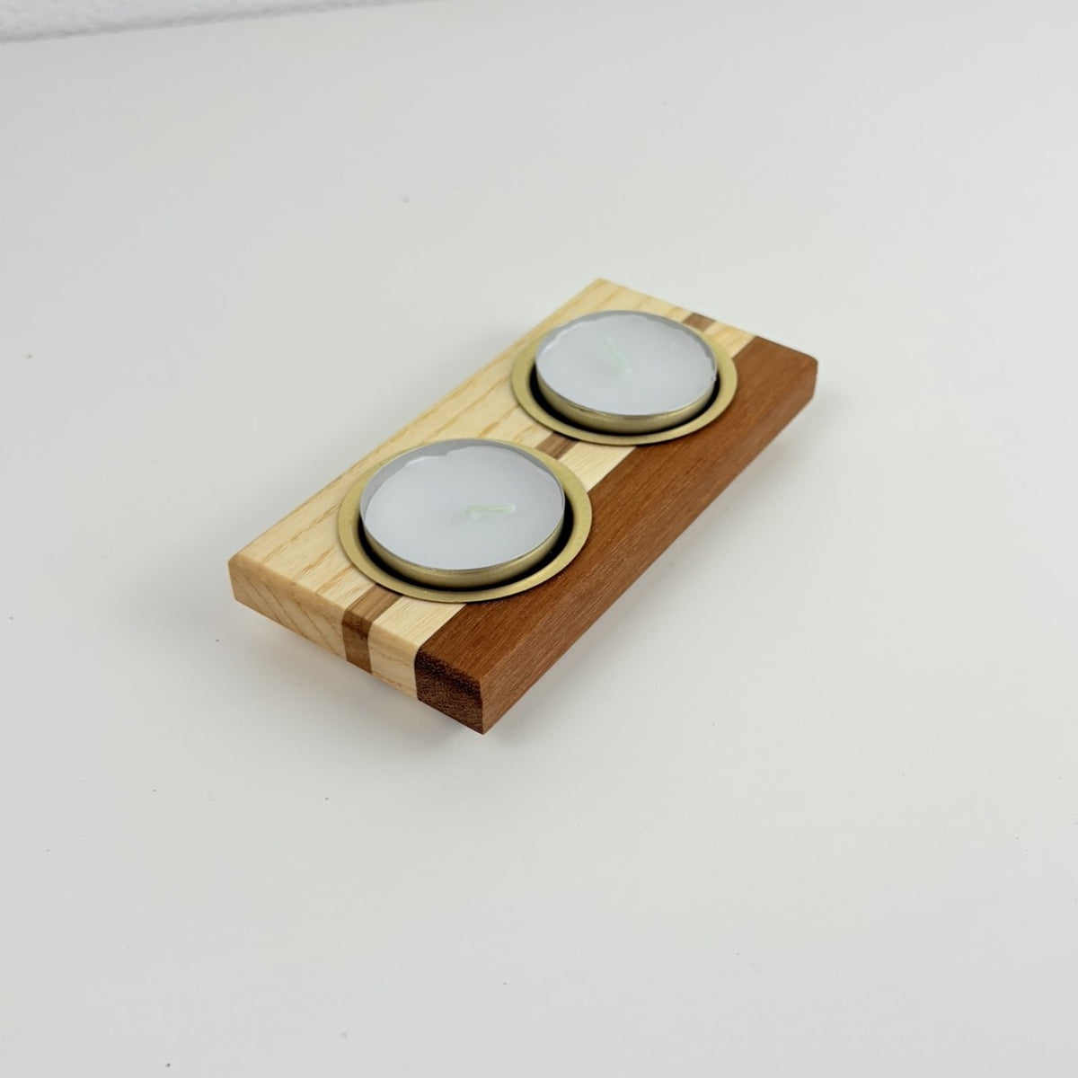Set of 2 Solid Wood Tealight Holders | Ash, Bankirai & Brass