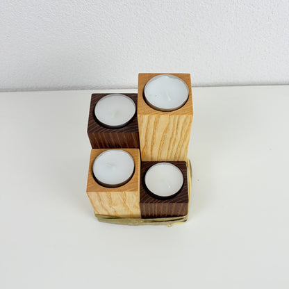 Elegantes 4er Set Teelichthalter aus massiver Esche und geräuchterter Akazie