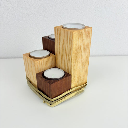 Elegantes 4er Set Teelichthalter aus massiver Esche und geräuchterter Akazie