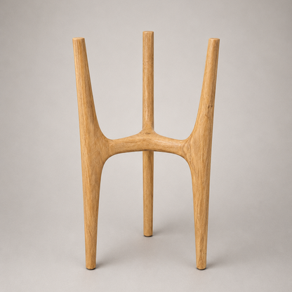 A minimalist wooden plant stand with three tapered legs and a curved central base, crafted from light natural wood, shown on a neutral gray background.