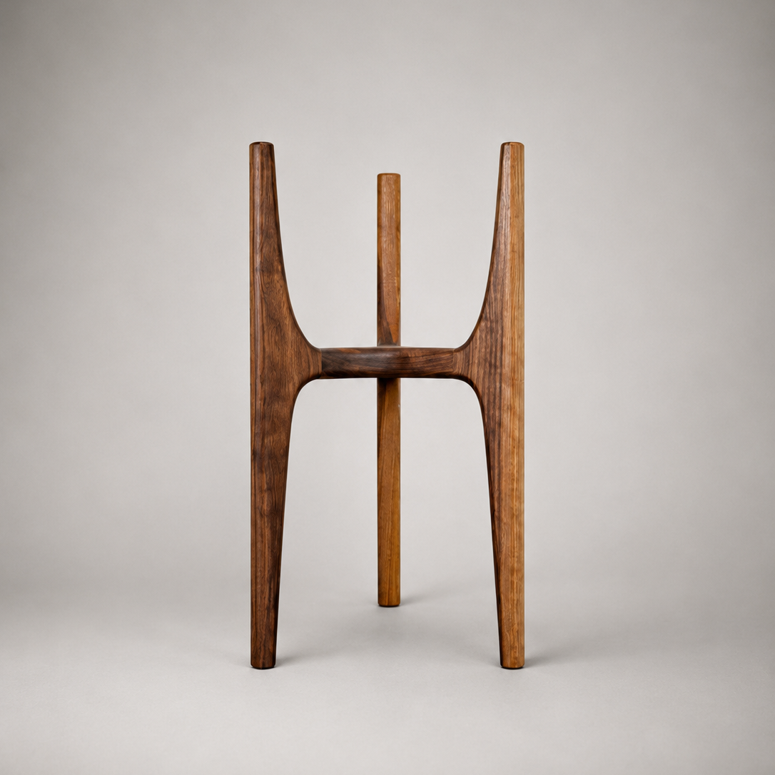 A mid-century modern wooden stand or small table with three tapered legs and a curved seat, made from dark brown wood, photographed against a neutral gray studio background.