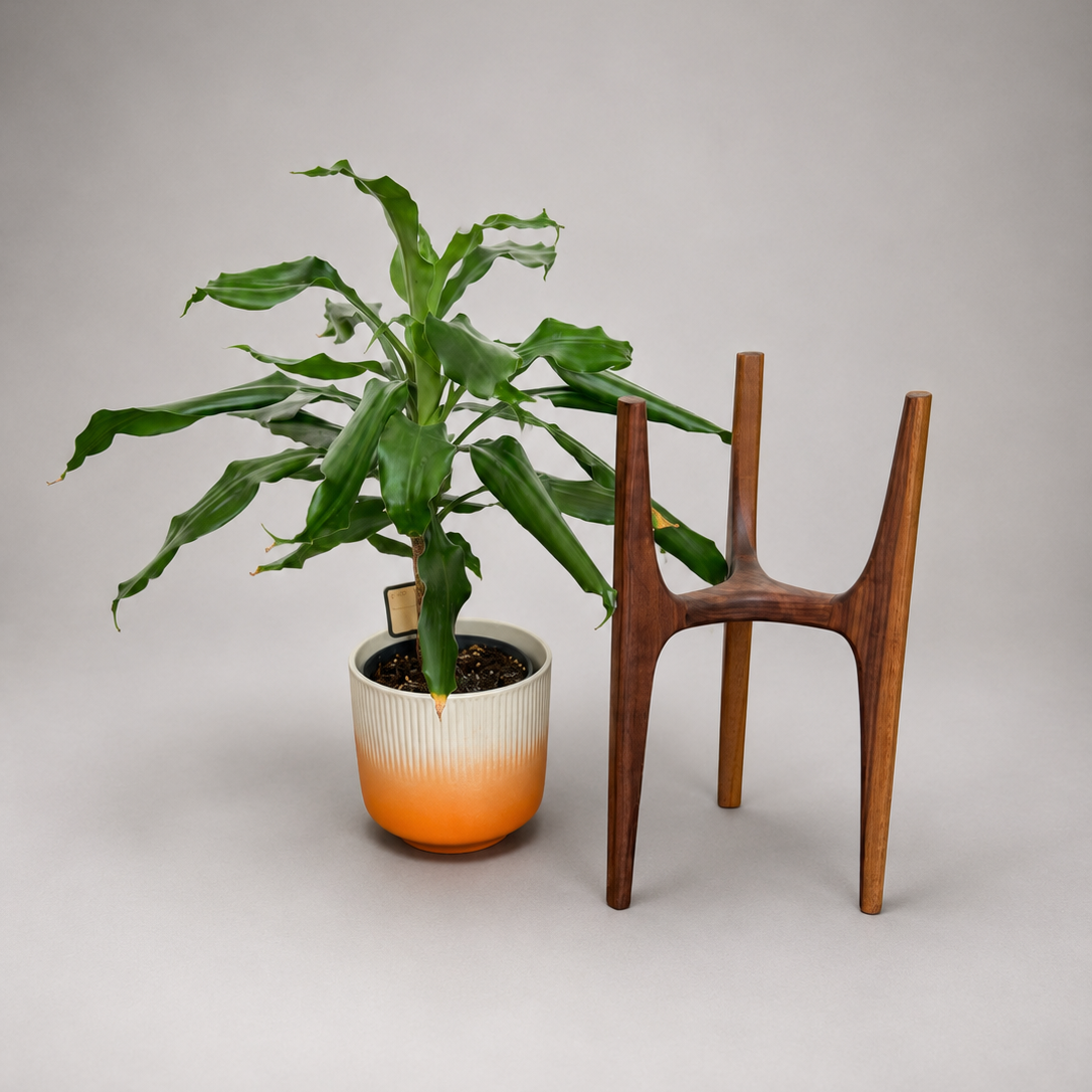 A potted green plant in a white and orange gradient ceramic pot, positioned next to a mid-century modern wooden H-shaped side table on a neutral gray background.